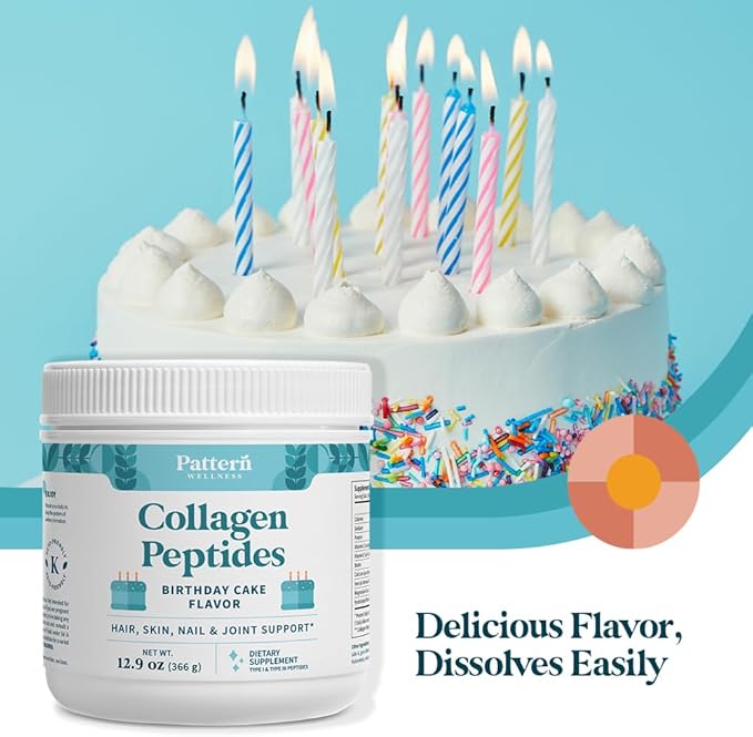 Pattern Wellness Collagen Peptides Powder (Type I & III) - Hair, Nails, Skin & Joint Support - Grass Fed & Pasture-Raised - Hydrolyzed, Non-GMO, Dairy Free, & Keto-Friendly - Birthday Cake (13 Oz)