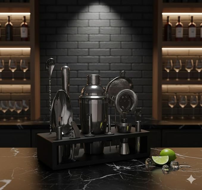Highball & Chaser 13-Piece Cobbler Cocktail Shaker Set: Black Polished Stainless Steel Bartender Kit for Home Bar Set | Laser Engraved Tools Plus E-Book with 30 Recipes