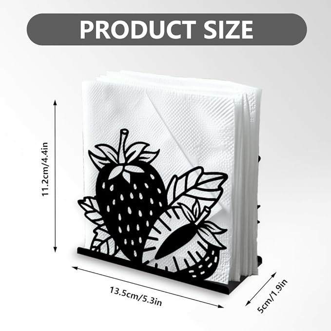 Strawberry Decorative Black Metal Napkin Holder for Table, 5.3" x 4.4" x 1.9" Strawberry Fruit Standing Napkin Holder for Home Kitchen Restaurant Picnic Party Coffee Bar Dining Room