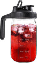 Mason Jar Pitcher, 32 OZ Glass Pitcher with Lid Double Leak-proof with Handle Water Jug Wide Mouth Breast Milk Pitcher Fridge Container for Water, Juice, Iced Coffee, Tea, Juice - Black