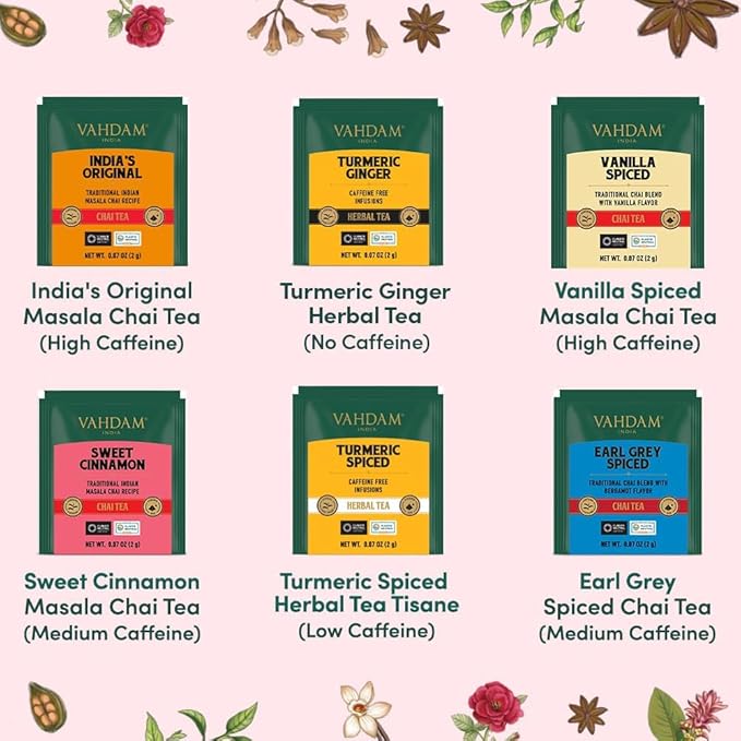 VAHDAM, Assorted Chai Tea Variety Pack (6 Delicious Flavors, 36 Eco Friendly Pyramid Tea Bags) Caffeinated, Gluten Free, Non GMO | Indian Masala Chai Tea Blends | Christmas Tea Gift Sets