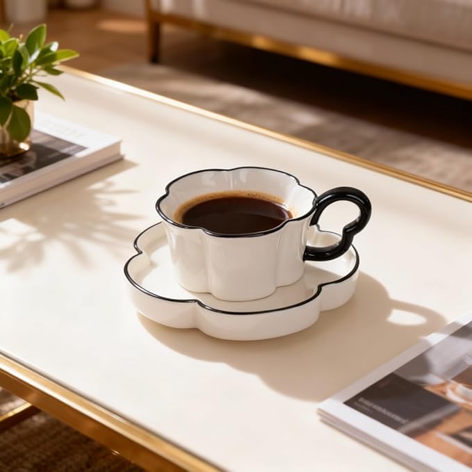 Ceramic Coffee Mug with Saucer Set, Creative Cute Cup with Flower Coaster for Office and Home, 8.4 oz/240 ml for Tea Latte Milk-White