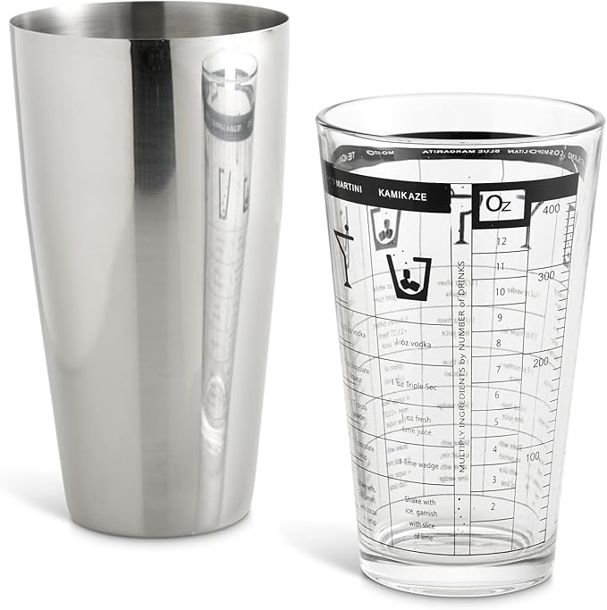 HIC Kitchen Bar Boston Cocktail Shaker and Mixer Glass Set with 7 Printed Recipes, 18/8 Stainless Steel and Borosilicate Glass