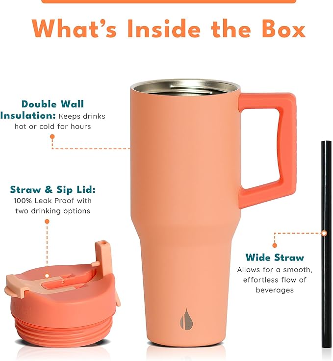 Elemental 32 oz 100% Leak Proof Tumbler with Handle & Straw - Stainless Steel Double Wall Insulated Tumbler for Hot and Cold Beverages - Travel Coffee Mug with Sip & Straw Lid - Peach Sunrise