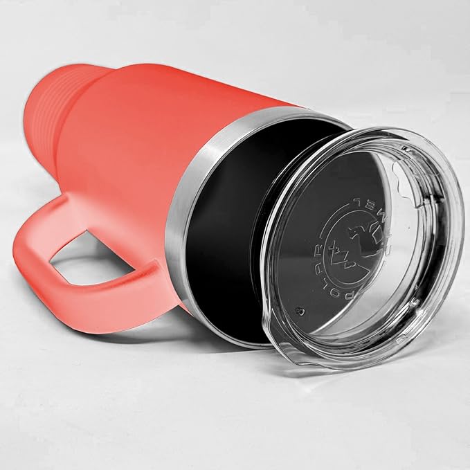 LaserGram 40oz Vacuum Insulated Travel Mug with Handle, Tiki Statue, Personalized Engraving Included (Coral)