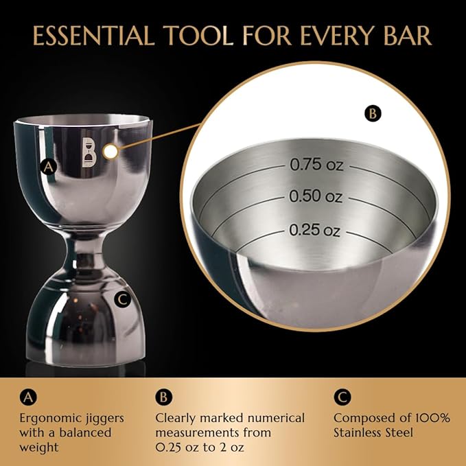 Double Bell Jigger by Bull In China - 0.25oz to 2oz Measures for Cocktails, Bars & Bartenders (Gunmetal Black)