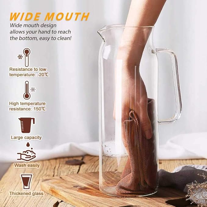 Hwagui - Heat Resistant Glass Pitcher with Stainless Steel Lid, Water Carafe with Handle, Good Beverage Pitcher for Homemade Juice and Iced Tea, 1500ml/51oz