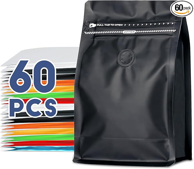 Coffee Bags with Valve(60pcs,8 oz,1/2 lb) Vented Coffee Beans Packaging Bags High Barrier Aluminumed Foil Flat Bottom Heat Sealed Side Zipper Resealable Storage Bag for Home or Business（Black）