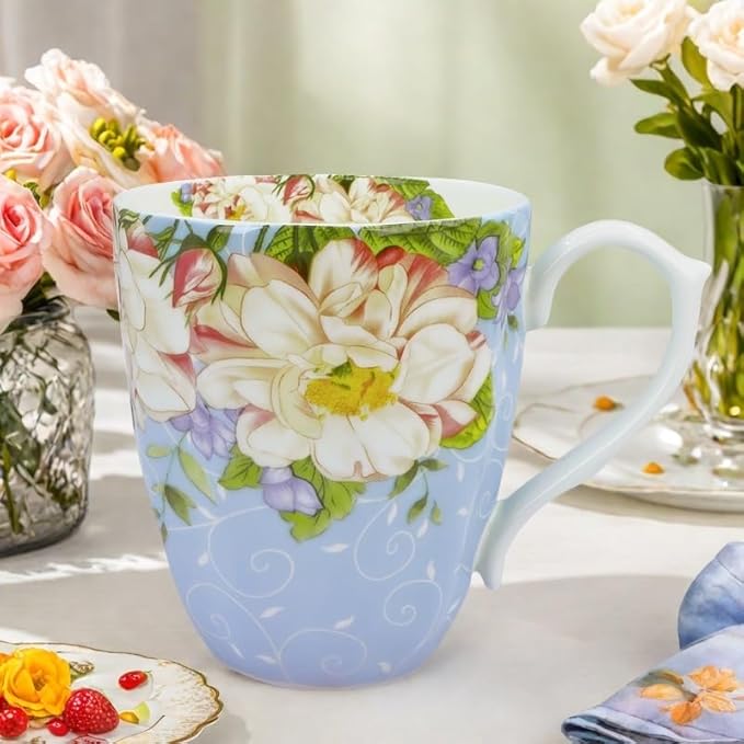14oz Bone China Coffee Mugs for Women Floral Coffee Mug Tea Cups Novetly Coffee Cups Gift for Women Mom Friends