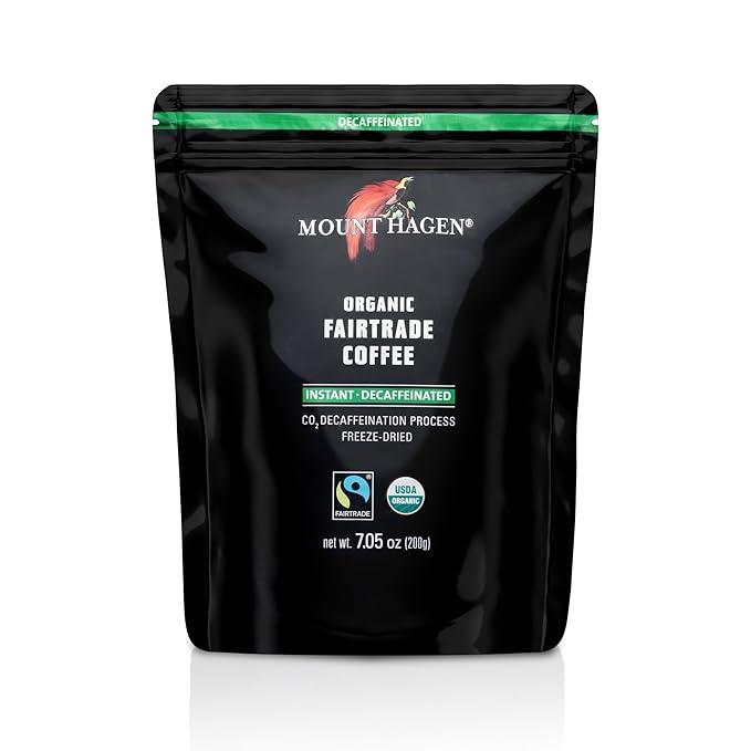Mount Hagen 7.05oz Organic Freeze Dried Instant Decaf Coffee | Made From Organic Medium Roast Arabica Beans | Fair-Trade, Eco-friendly Instant Decaffeinated Coffee in Resealable Pouch Bag [7.05oz]