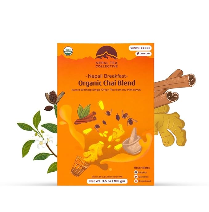 NEPAL TEA Organic Chai Tea Loose Leaf - Certified Organic Black Tea with Ginger, Cinnamon & Cardamom - Single Origin from a Family Farm in the Himalayas (Nepali Breakfast) - 3.5 Oz (100g)