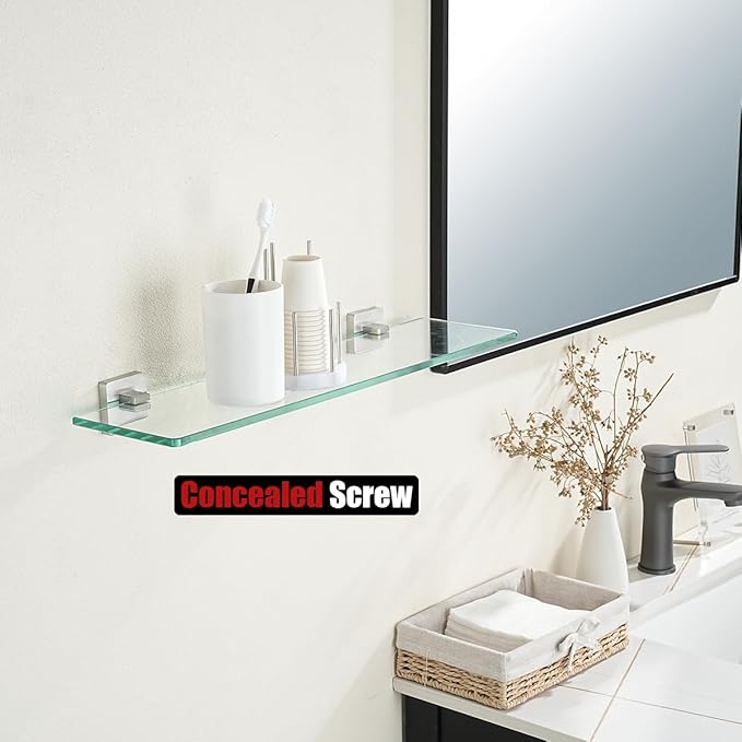 JQK Bathroom Glass Shelf, Floating Tempered Glass Shower Storage 20 by 5 inches, 304 Stainless Steel Brushed Finish Wall Mount 2 Pack 2 Pack, TGS201L20-BN-P2