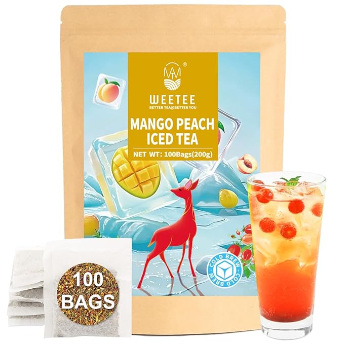 WT WEETEE Mango Peach Iced Tea, 100 Count Cold Brew Tropical Fruit Flavored Iced Tea Bags, Caffeine-Free Herbal Blend Tea of Rosehip, Hibiscus, Hawthorn