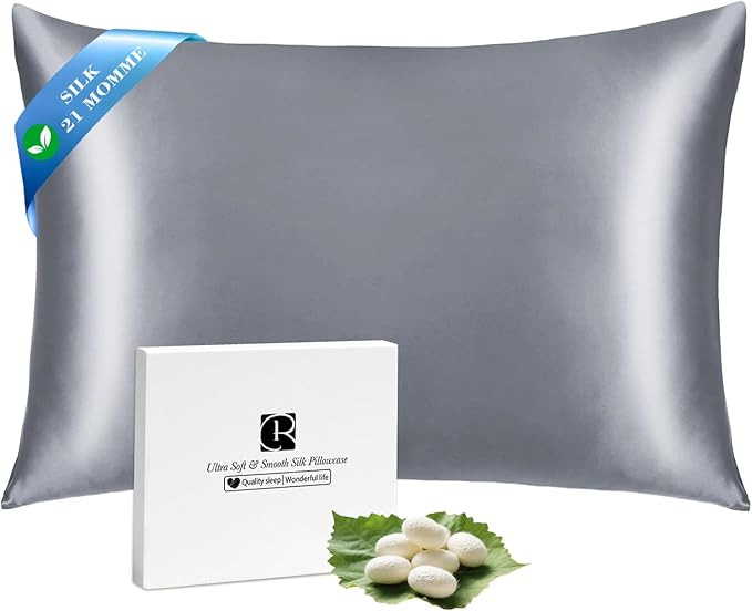 Ravmix Silk Pillow Cases with Zipper, 21momme Mulberry Silk Pillowcase for Hair Skin Health, Soft Smooth Breathable Cool Pillow Cover for Beauty Sleep with Gift Box 1PC(King 20"x36", Lilac Grey)