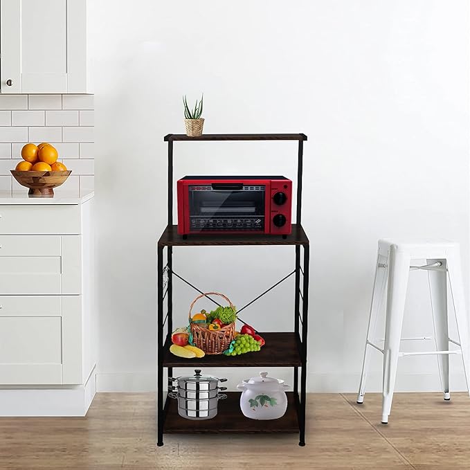 Kitchen Bakers Rack with Storage Shelves, Small Coffee Bar Table with 4 Hooks, 4 Tiers Microwave Stand Station with Adjustable Shelves, Freestanding Kitchen Appliance Organizer