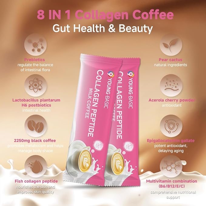 Collagen Peptide Milk Coffee - Rich in Premium Marine Fish Collagen Peptides, Multivitamins (B6/B12/C/E) and Prebiotics, Instant Milk Coffee with Creamer for Skin, Antioxidant, Aging and Gut Health