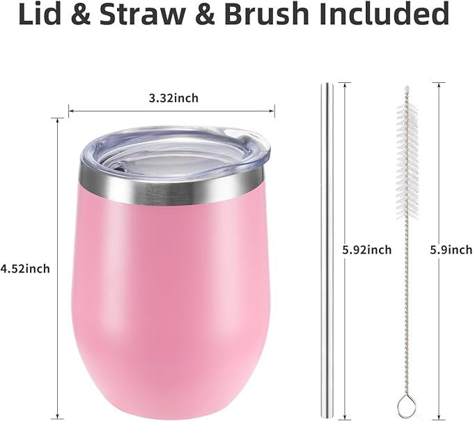 12 oz Insulated Wine Tumbler with Lid and Straw,Stainless Steel Stemless Wine Tumbler Glasses Double Wall Vacuum Wine Cups Tumbler Bulk for Coffee,Champaign,Cocktail,Office(Pink,8)