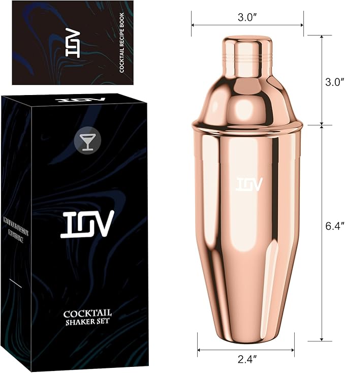 IOV Cocktail Shaker, 24 oz Martini Shaker, Drink Mixer with Built-in Strainer, Professional Stainless Steel Margarita Alcohol Shaker with Cocktail Recipe Guide, Bartender Kit Gifts, Rose Gold