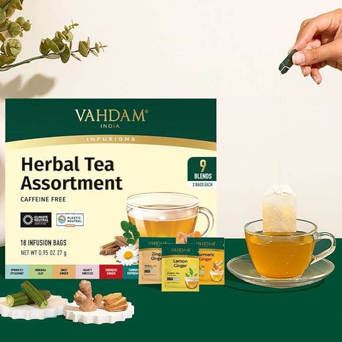 VAHDAM, Assorted Herbal Tea Gift Set (18 Tea Bags, 9 Flavors) Caffeine-Free, Non-GMO | Double Infusion, Individually Enveloped Tea Bags | Herbal Tea variety Pack | Christmas Tea Gifts for Women & Men