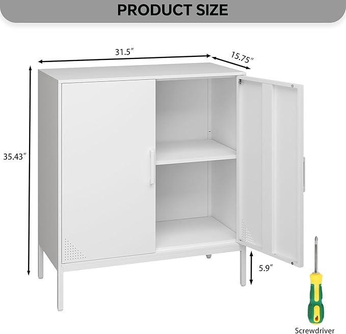 Metal Storage Cabinet with Adjustable Shelves, Steel Buffet Sideboard for Entryway, Living Room, Dining Room, Kitchen, Office, Bar (White, 31.5" D x 15.75" W x 35.43" H)