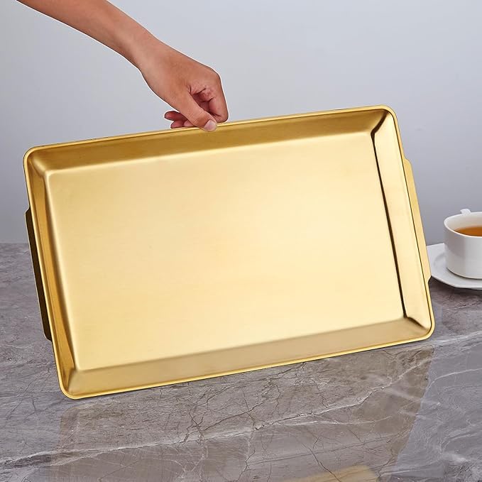 15.8" x 9.5" Large Serving Platters, Stainless Steel Heavy-Duty Large Serving Trays, Gold Rectangular Plates for Food, Fruit, Party, Wedding, Christmas, Chip and Scratch Resistant