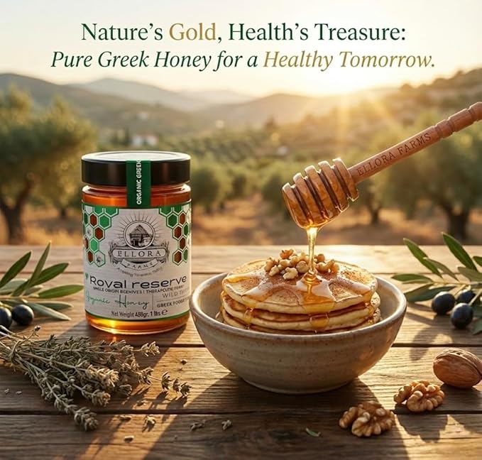 Ellora Farms Organic Greek Honey, Wild Thyme, Raw Unfiltered, Preservative and Additive Free, 2025 Paris and Dubai Gold Awards Winner, Gift Pack with Dipper - 450g (16oz)