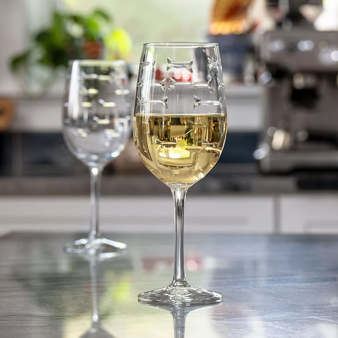 Rolf Glass School of Fish White Wine Glass | 12 ounce Stemmed Set of 4 | Lead-Free Glass | Diamond Wheel Engraved in America