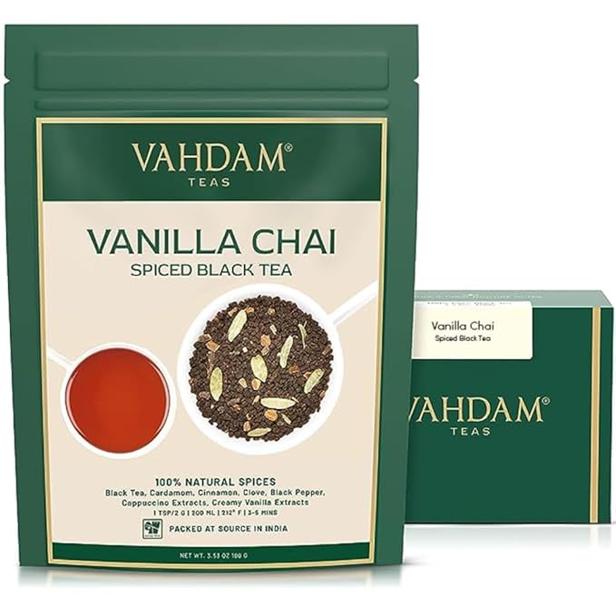 VAHDAM Vanilla Spiced Masala Chai | 3.53oz (50 Cups) Gluten Free Delicious Blend Of Vanilla & Masala Chai | Spiced Chai Tea Loose Leaf | Brew As Hot, Cold Or Iced Tea | Vacuum Sealed Pack