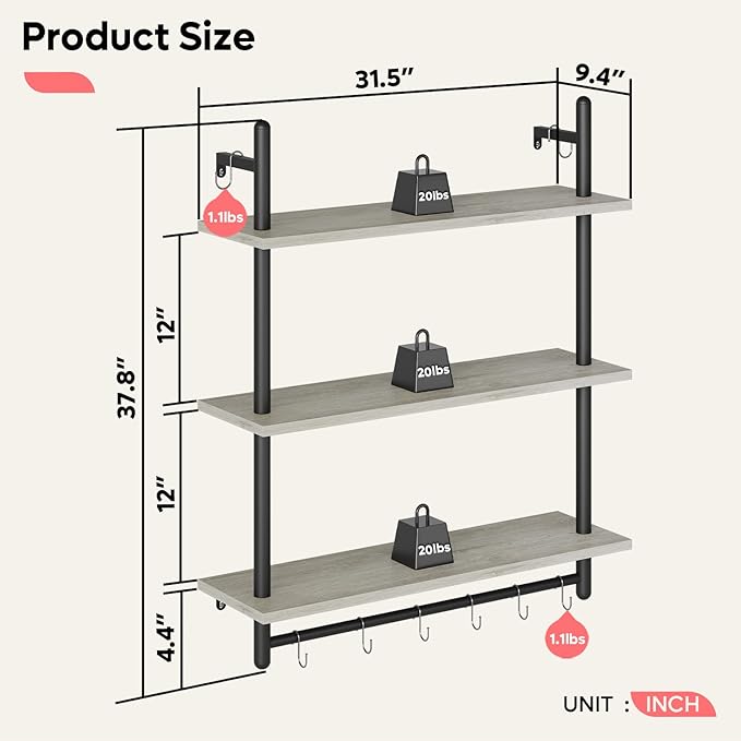 Bestier 3 Tier Industrial Pipe Shelving, Floating Book Shelves for Wall, Storage Hanging Shelves with Towel Bar for Bathroom Organizer Bedroom Kitchen Plants Office. 31.5 Inch Retro Grey