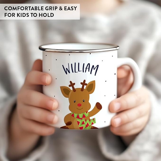 Andaz Press Personalized Name 11oz. Kids Christmas Hot Chocolate Stainless Steel Campfire Coffee Mug, Adorable Rudolph Reindeer Waving, 1-Pack, Custom Birthday Xmas Cup Kids Mugs For Hot Chocolate