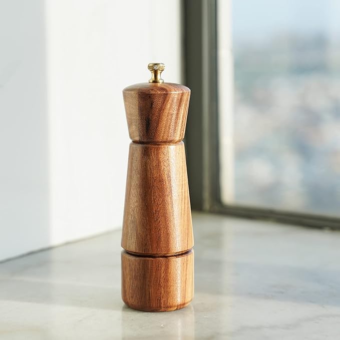 Pepper Grinder, Pepper Mill with Adjustable Stainless Steel, Acacia Wood, 16.5 cm Height, Bottom Dia: 5 cm, Upper Dia: 4.5 cm (Tray is NOT Included)