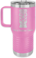 LaserGram 20oz Vacuum Insulated Travel Mug with Handle, Tiki Statue, Personalized Engraving Included (Light Purple)