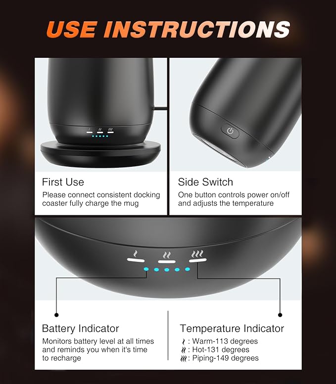 Self Heating Coffee Mug T2, 16oz Smart Heated Coffee Mug, 150 Min Battery Life - Hot up to 149℉ Temperature Control Coffee Mug Warmer, Gifts for Dad Mom (No APP)