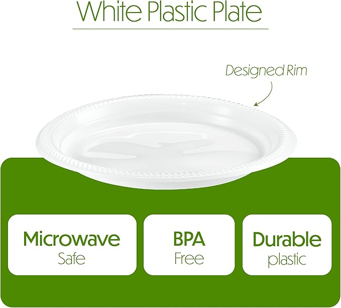 PLASTICPRO 200 PCS White Plastic Round 9 Inch Plastic Plates Premium Quality Light Weight Disposable Plastic Dishes Dinner Plates for Parties Weddings