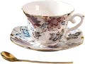 Floral Ceramic Cup Bone China Tea Cup and Saucer Set 6.8 Oz Gold Trim Vintage Style Porcelain Coffee Cup for Home Kitchen Office, Style 2
