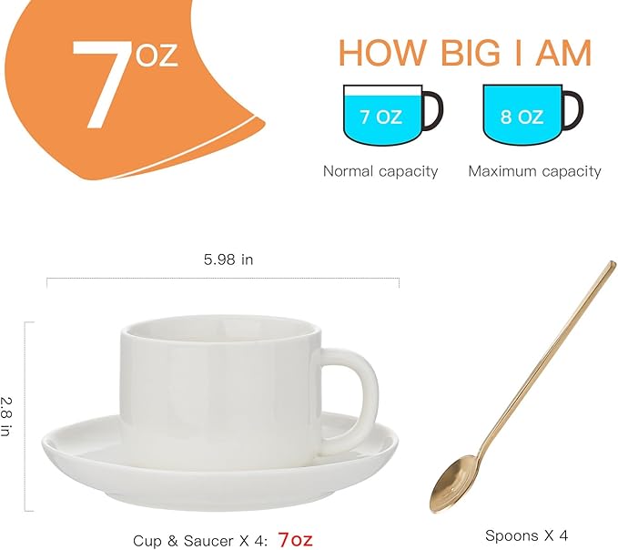 Coffee Cups and Saucers Set of 4 with Stainless Steel Spoons, 8oz Ceramic Cappuccino Cups Set, White Durable Porcelain Cups for Tea, Latte, Mocha