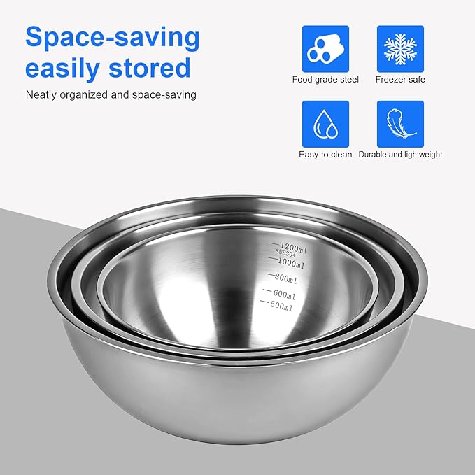 3-Piece Stainless Steel Mixing Bowls Set, 2.4, 3.2 & 4.9 Qt with Measurement Marks, Food Grade 304, Dishwasher Safe & Stackable for Baking, Tossing Salads, and Meal Prep for Your Kitchen
