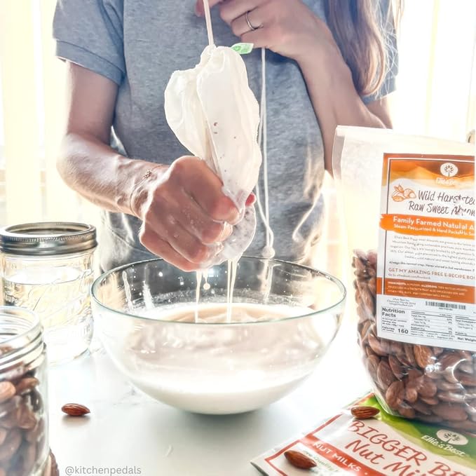 Pro Quality Nut Milk Bag & Raw Almonds - Kit includes Ellie's Best 12"X12" Reusable All Purpose Food Grade Nut Milk Bag Strainer & 1lb of Farm Fresh Wild Harvest Raw Almonds & Free Recipe Book