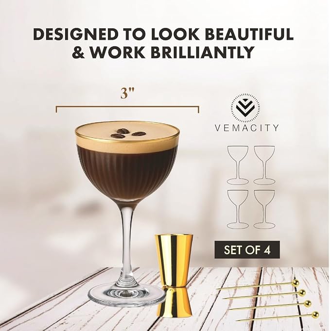 VEMACITY - Ribbed Nick and Nora Cocktail Glasses with Gold Rims (5.4oz) | Nick & Nora Glasses Set of 4, Jigger & 4 Picks - Vintage Glassware | Gimlet Cocktail Glasses | Ideal for Christmas & New Years