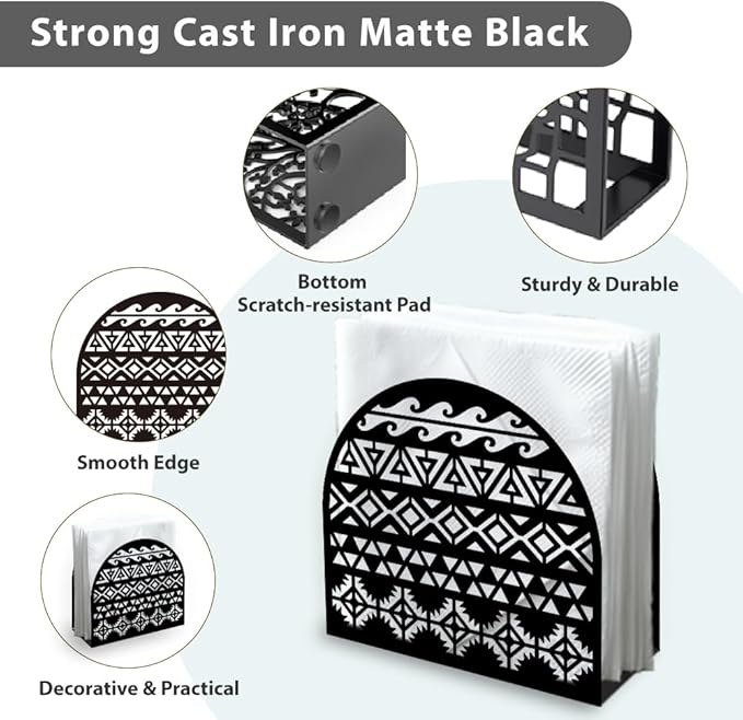 Aztec Decorative Black Metal Napkin Holder for Table, 5.3" x 4.9" x 1.9" Aztec Standing Napkin Holder for Home Kitchen Restaurant Picnic Party Coffee Bar Dining Room