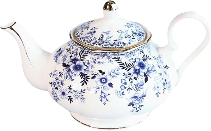 22oz Floral Ceramic Teapot (Suitable for 1 to 3 people) – Vintage Gold Rim Porcelain Tea Pot for Loose Leaf, Blooming Tea & Coffee, Elegant Teapot for Tea Party, Flower Design (China Flower)