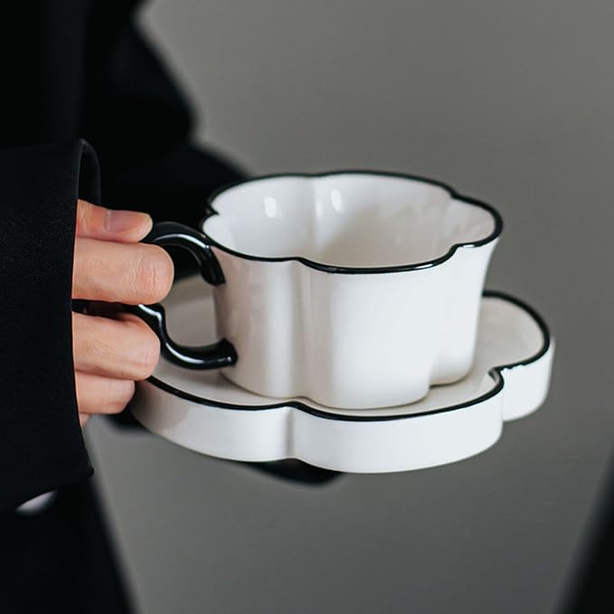 Ceramic Coffee Mug with Saucer Set, Creative Cute Cup with Flower Coaster for Office and Home, 8.4 oz/240 ml for Tea Latte Milk-White