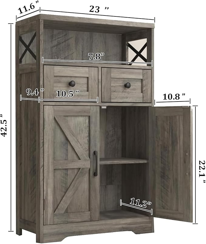 Farmhouse Storage Cabinet with Barn Doors and Open Shelf, Kitchen Pantry with Storage, Coffee Bar Station, Freestanding Cupboard Hutch Cabinet for Kitchen, Dinning Room, Livingroom, Grey