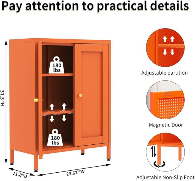 Orange Metal Storage Cabinet with 2 Doors - 31.5''H Bathroom Floor Storage Cabinet, 3 Tier Locker with Adjustable Shelves,Bathroom Cabinet for Office, Home, Living Room, Kitchen