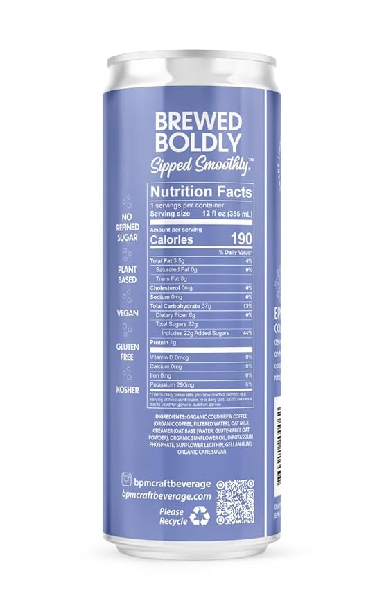 BPM Craft Beverage Cold Brew Coffee, Oat Milk Latte, 12 Fl Oz Cans (12 Pack)
