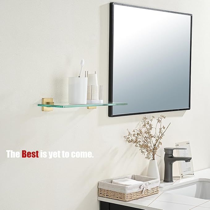 JQK Bathroom Glass Shelf, Floating Tempered Glass Shower Storage 16 by 5 inches, 304 Stainless Steel Brushed Gold Wall Mount, TGS201L16-BG