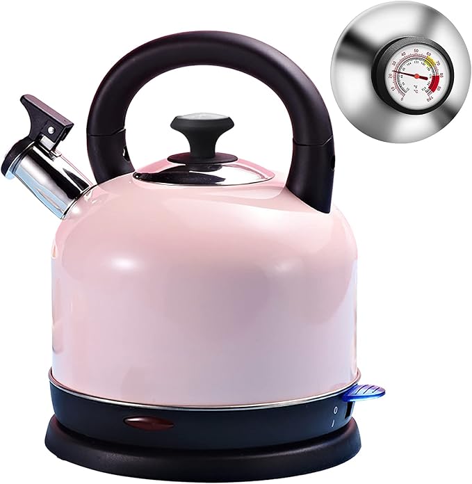 Electric Kettle Temperature Dash, YiiMO 2L Stainless Steel Hot Water Boiler with Thermometer for Tea Coffee 1200W, Auto Shut-Off Boil-Dry Protection BPA Free, Large Pink Retro Cute