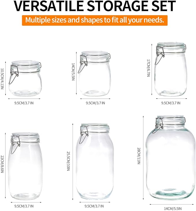 2 Pack 1 gallon Food Storage Jars with Airtight Lids, Preserving Seal Wire Clip Fastening Glass Containers, Canisters for Kitchen, Flour, Cereal, Pasta, Sugar, Beans, Pickling Jars(1 Gallon*2)