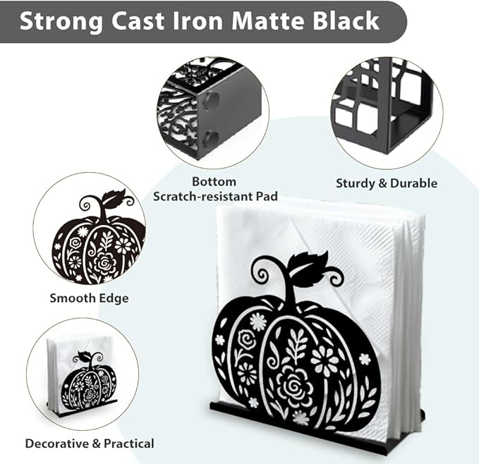 Pumpkin Flower Decorative Black Metal Napkin Holder for Table, 5.3" x 4.9" x 1.9" Fall Thanksgiving Standing Napkin Holder for Home Kitchen Restaurant Picnic Party Coffee Bar Dining Room