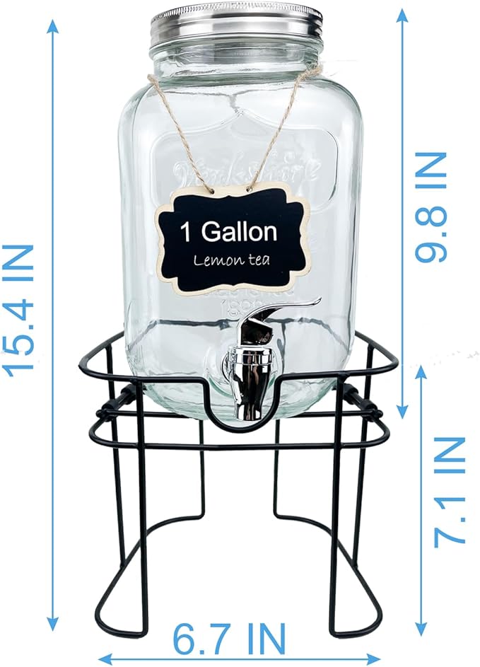 1 Gallon Glass Drink Dispenser for Parties, 1PCS Juice Lemonade Ice Tea Water Dispenser with Stand, HENABLE Beverage Dispensers with Spigot for BBQ, Picnic, Party